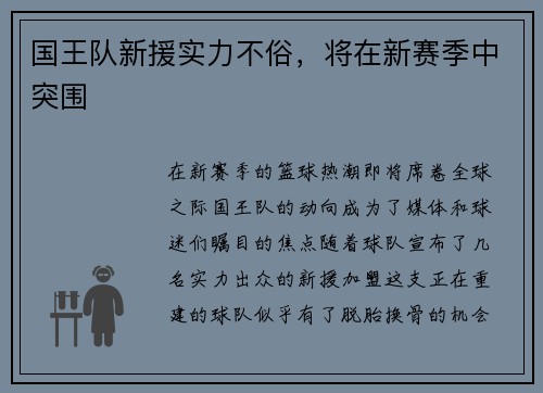 国王队新援实力不俗，将在新赛季中突围