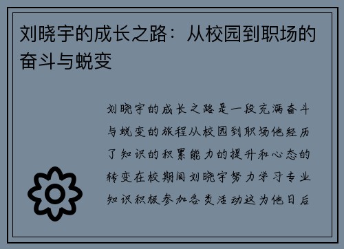 刘晓宇的成长之路：从校园到职场的奋斗与蜕变