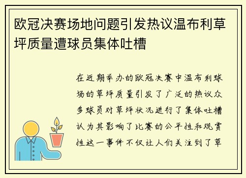 欧冠决赛场地问题引发热议温布利草坪质量遭球员集体吐槽