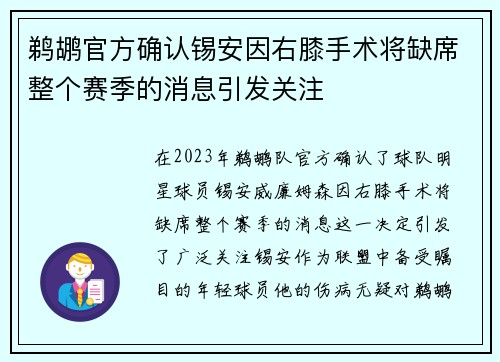 鹈鹕官方确认锡安因右膝手术将缺席整个赛季的消息引发关注