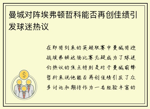 曼城对阵埃弗顿哲科能否再创佳绩引发球迷热议