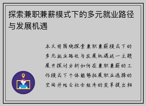 探索兼职兼薪模式下的多元就业路径与发展机遇