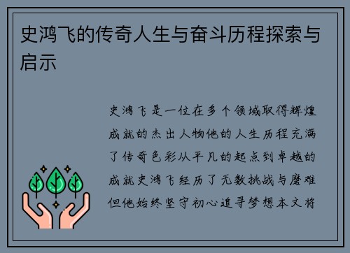史鸿飞的传奇人生与奋斗历程探索与启示
