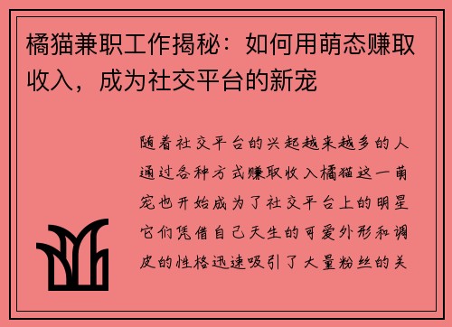 橘猫兼职工作揭秘：如何用萌态赚取收入，成为社交平台的新宠