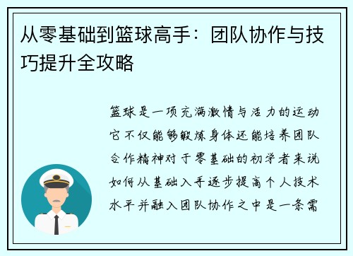 从零基础到篮球高手：团队协作与技巧提升全攻略