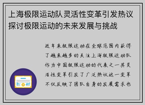 上海极限运动队灵活性变革引发热议探讨极限运动的未来发展与挑战