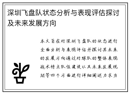 深圳飞盘队状态分析与表现评估探讨及未来发展方向